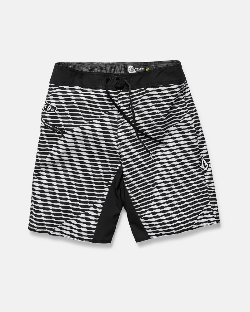 The Volcom Men's Fomenter Mod board shorts feature a black and white wavy geometric stripe, black drawstring waistband, REPREVE recycled fibers, 4-way stretch, small zipper pocket, and a white left leg logo.