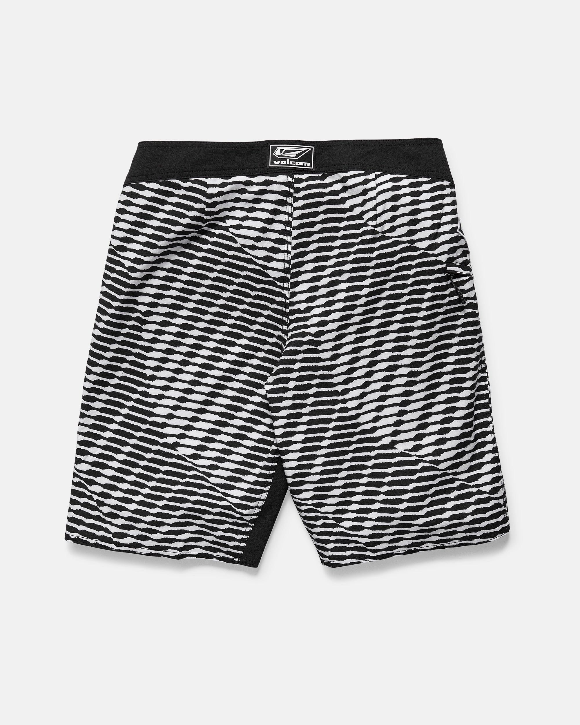 The Volcom Men's Fomenter Mod shorts feature a geometric black and white diagonal striped pattern, a solid black waistband, and 4-way stretch for comfort, shown flat on a white background.