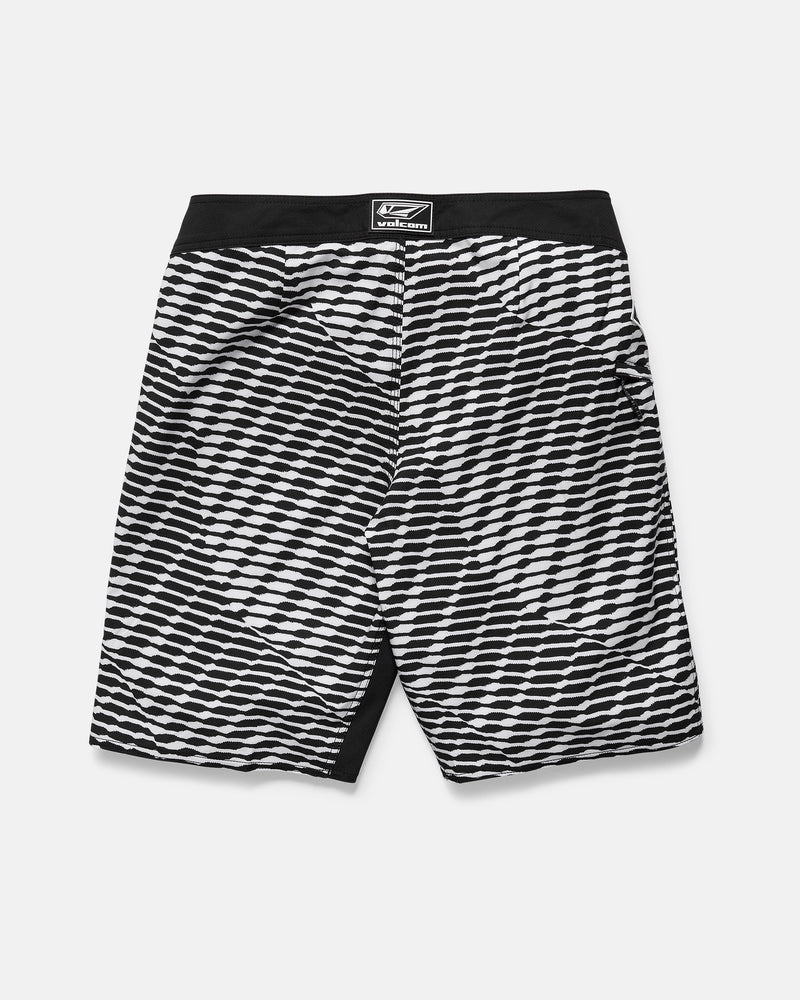 The Volcom Men's Fomenter Mod shorts feature a geometric black and white diagonal striped pattern, a solid black waistband, and 4-way stretch for comfort, shown flat on a white background.