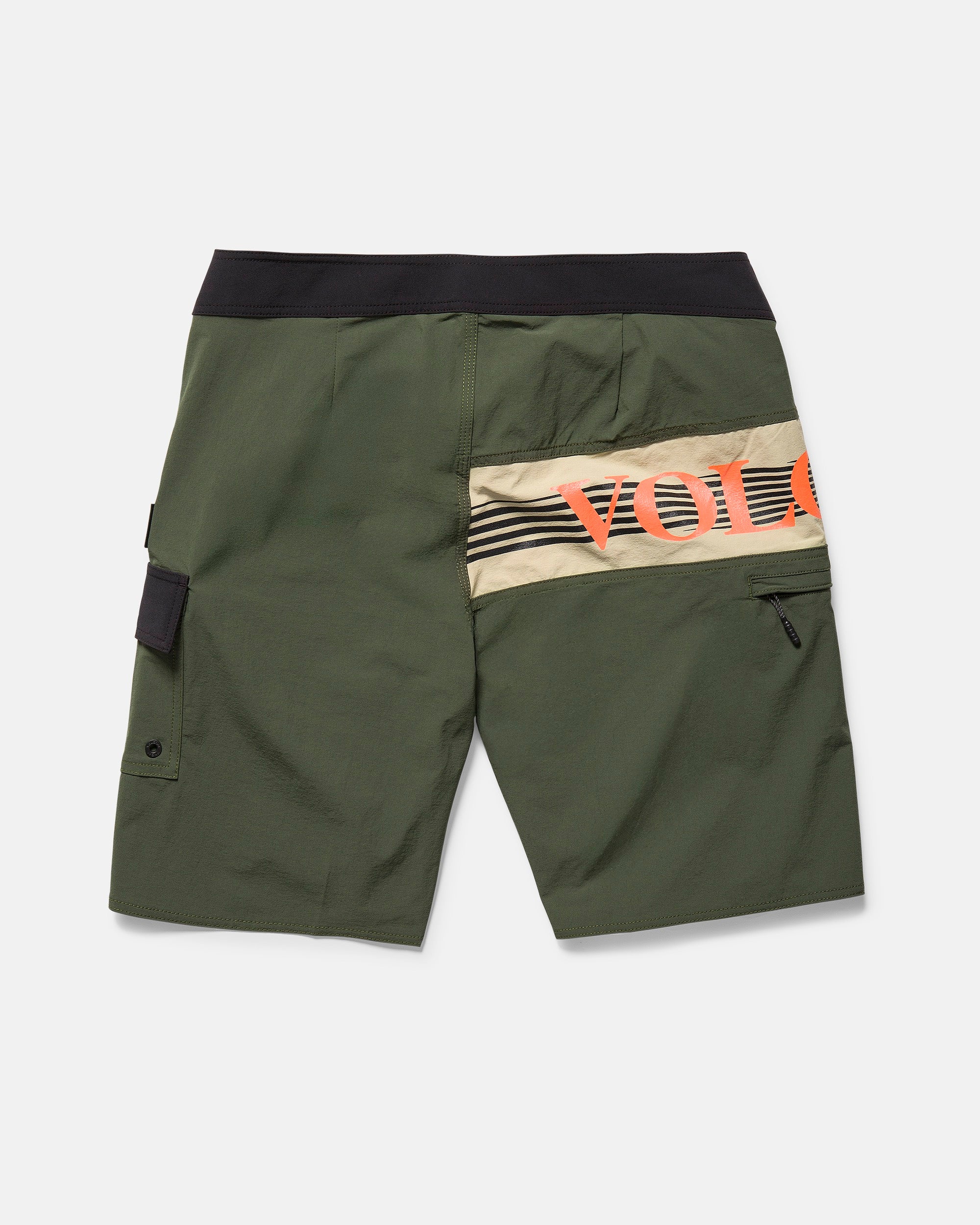 Back view of Volcom Men's Liberator Mod green 20" cargo shorts with black waistband, 4-way stretch nylon, left button-flap side pocket, right zip pocket, and beige/orange graphic with partial VOLC logo on the back.