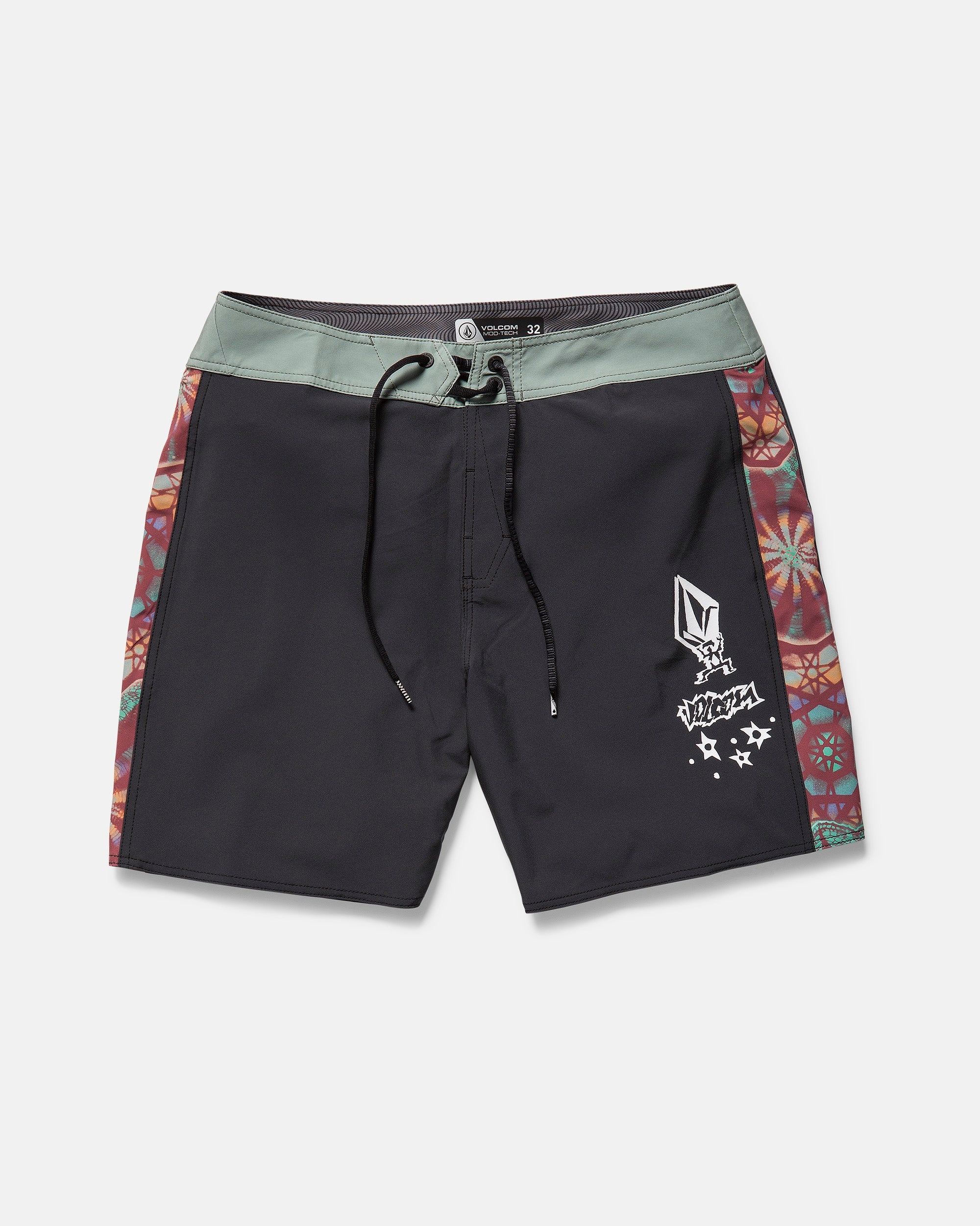 The Volcom Men's Star Shields Featured Artist Mod boardshorts feature a green waistband, black front, patterned side panels, black drawstring, white graphic left leg design, and Cinch Fly Technology for comfort.