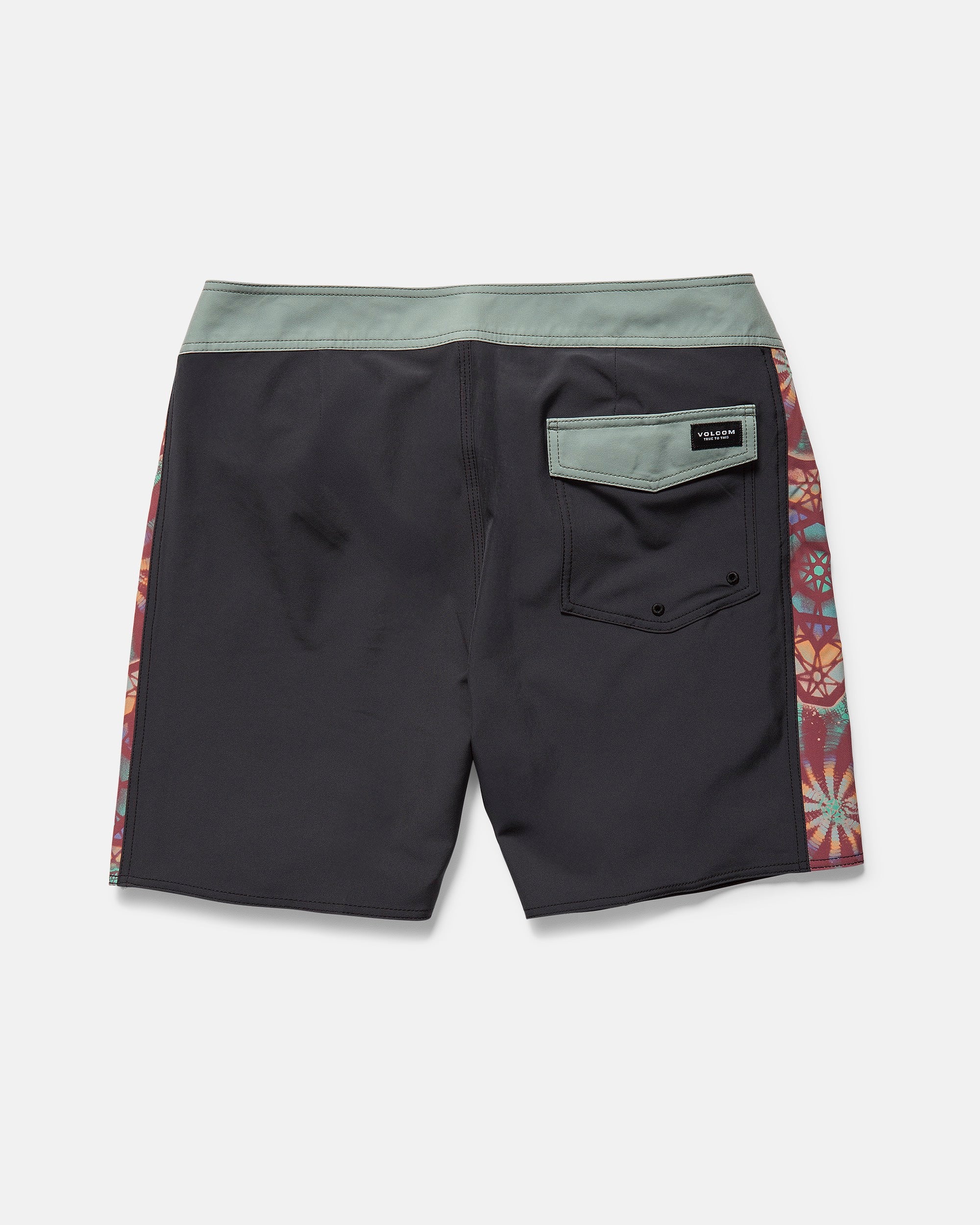 The Volcom Men's Star Shields Featured Artist Mod boardshorts feature a green waistband, small Velcro back pocket, colorful floral-patterned side panels, and Cinch Fly Technology, shown on a white background.