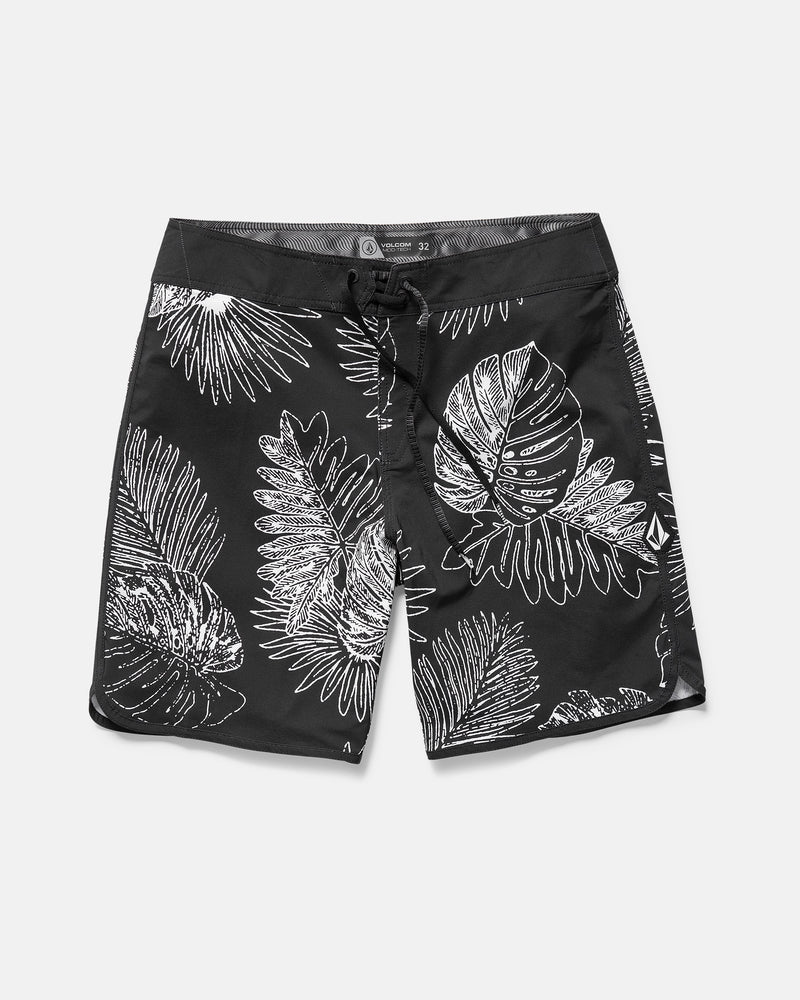 Volcom Men's Infuse Scallop Mod black 19" boardshorts, featuring a white tropical leaf pattern, black drawstring waist, and Cinch Fly Technology for a secure fit, shown on a plain white background.