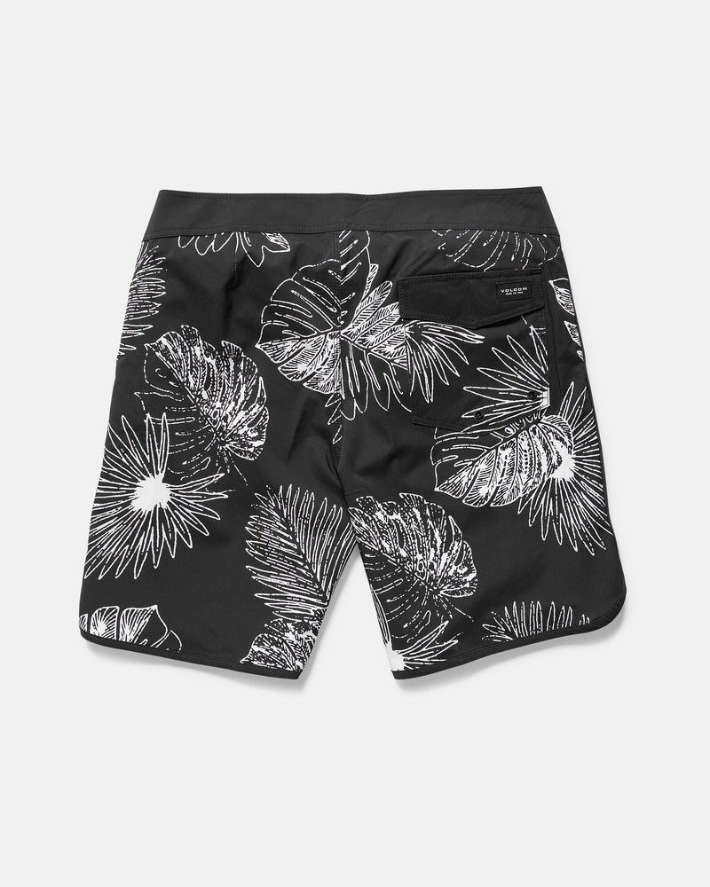 The Volcom Men's Infuse Scallop Mod boardshorts in black feature a white tropical leaf and flower print, single right back pocket, 19" scallop hem, and Cinch Fly Technology for added comfort.