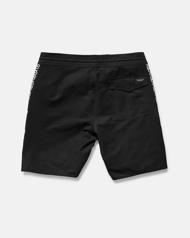 The Volcom Men's Yewster Loose Stoney black boardshorts feature an elastic waistband, back pocket with a small label, white patterned side stripes, and are made with REPREVE recycled fibers for comfort and sustainability.