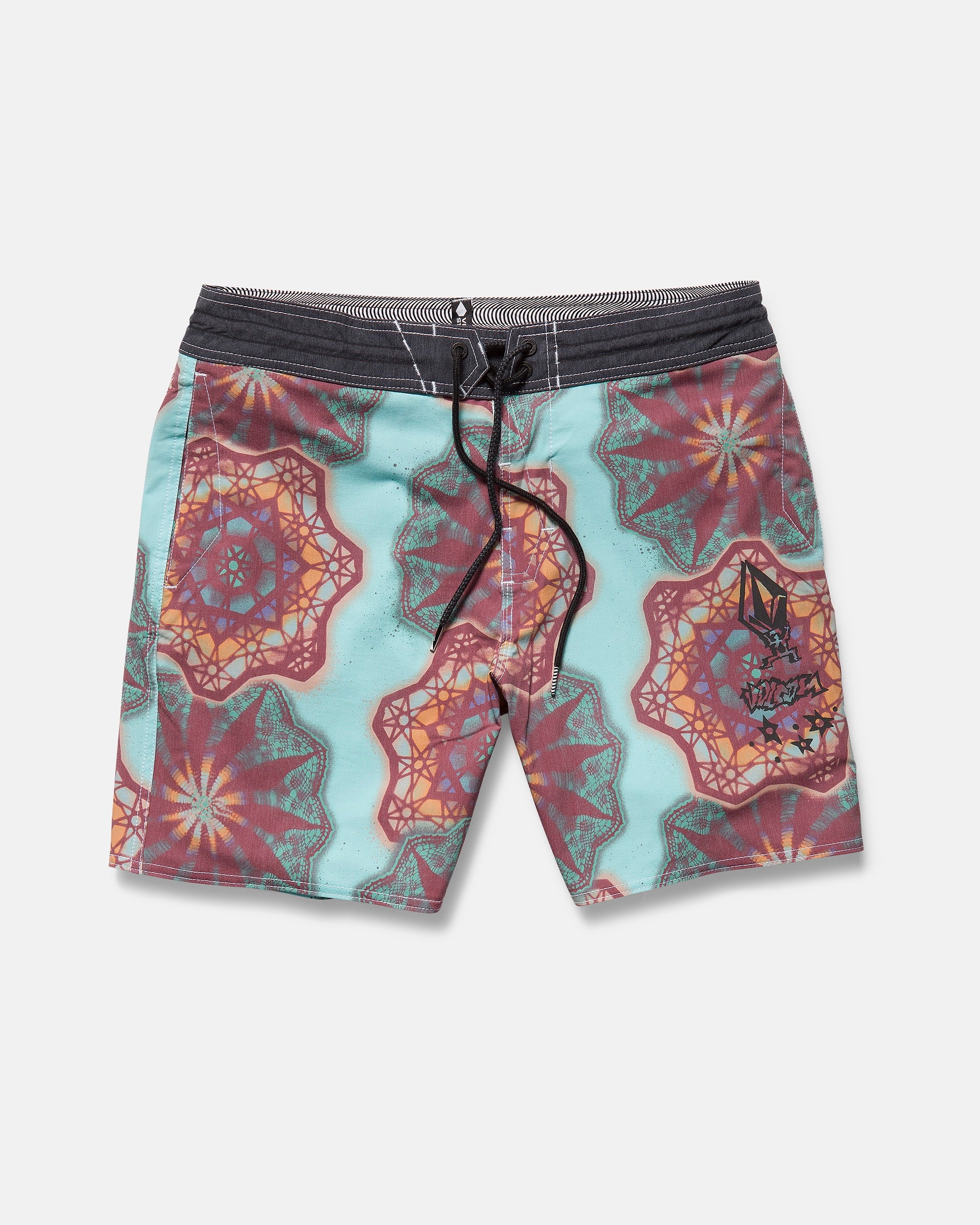 Volcom Men's Star Shields Featured Artist PCS Stoney board shorts feature a mandala-inspired geometric pattern in red, orange, and teal with a black waistband and drawstring, plus unique graphic art on one leg.