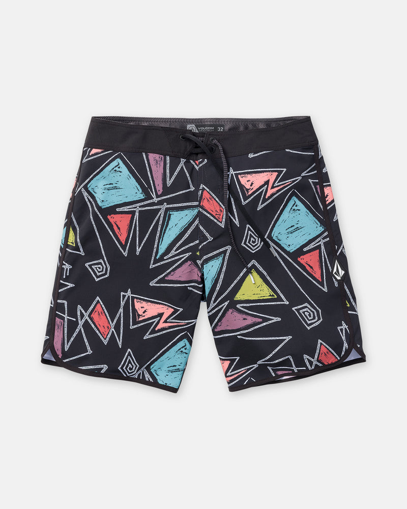 Introducing the Volcom Men’s Infuse Scallop Mod 19 boardshorts: Featuring a solid black waistband with a drawstring and Cinch Fly Technology for a secure fit, these boardshorts showcase an eye-catching geometric pattern of triangles, rectangles, and swirl shapes in vibrant red, blue, yellow, and pink on black fabric. Designed with premium 4-way stretch material for maximum comfort and freedom of movement.