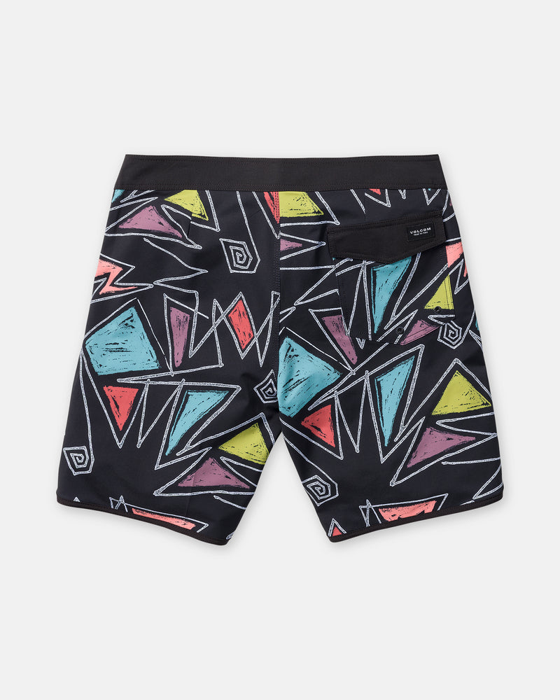 The Volcom Men’s Infuse Scallop Mod 19 boardshorts feature a black base with colorful geometric patterns of triangles and spirals in yellow, pink, blue, red, and green. Designed with 4-way stretch fabric for superior comfort and mobility, these shorts also include a single back right pocket with a black flap.