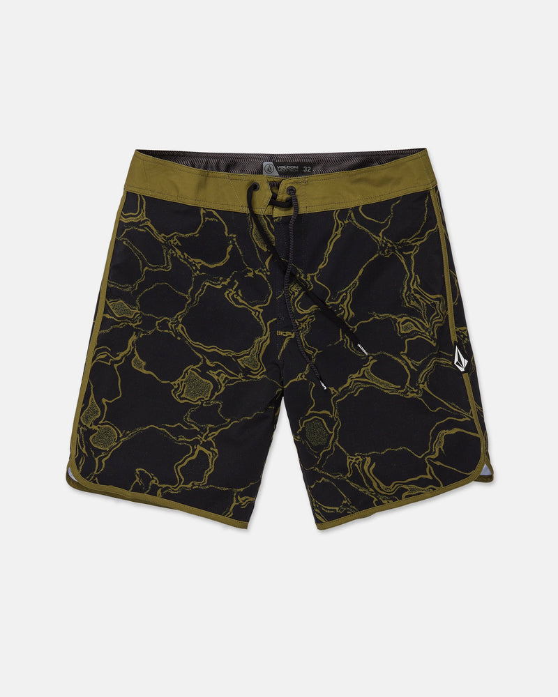 Volcom Men's Infuse Scallop Mod boardshorts in black, showcasing an olive green and yellow abstract pattern with an olive waistband and a black drawstring featuring a Cinch Fly closure. A small embroidered logo appears on the left leg. Designed with 4-way stretch fabric for superior comfort and flexibility, these shorts are displayed laid flat on a white background.