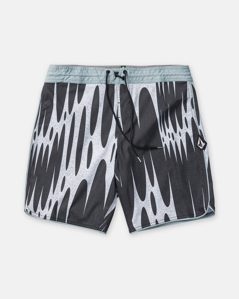 Introducing the Volcom Men’s Barnacle Stoney 19 boardshorts: featuring a black and gray color scheme with a bold white abstract, spiky pattern. These stylish shorts offer a comfortable drawstring waistband, convenient side pocket, and a small Volcom logo patch on the left leg. Crafted from a recycled blend, they also feature a modern scallop cut for added flair.