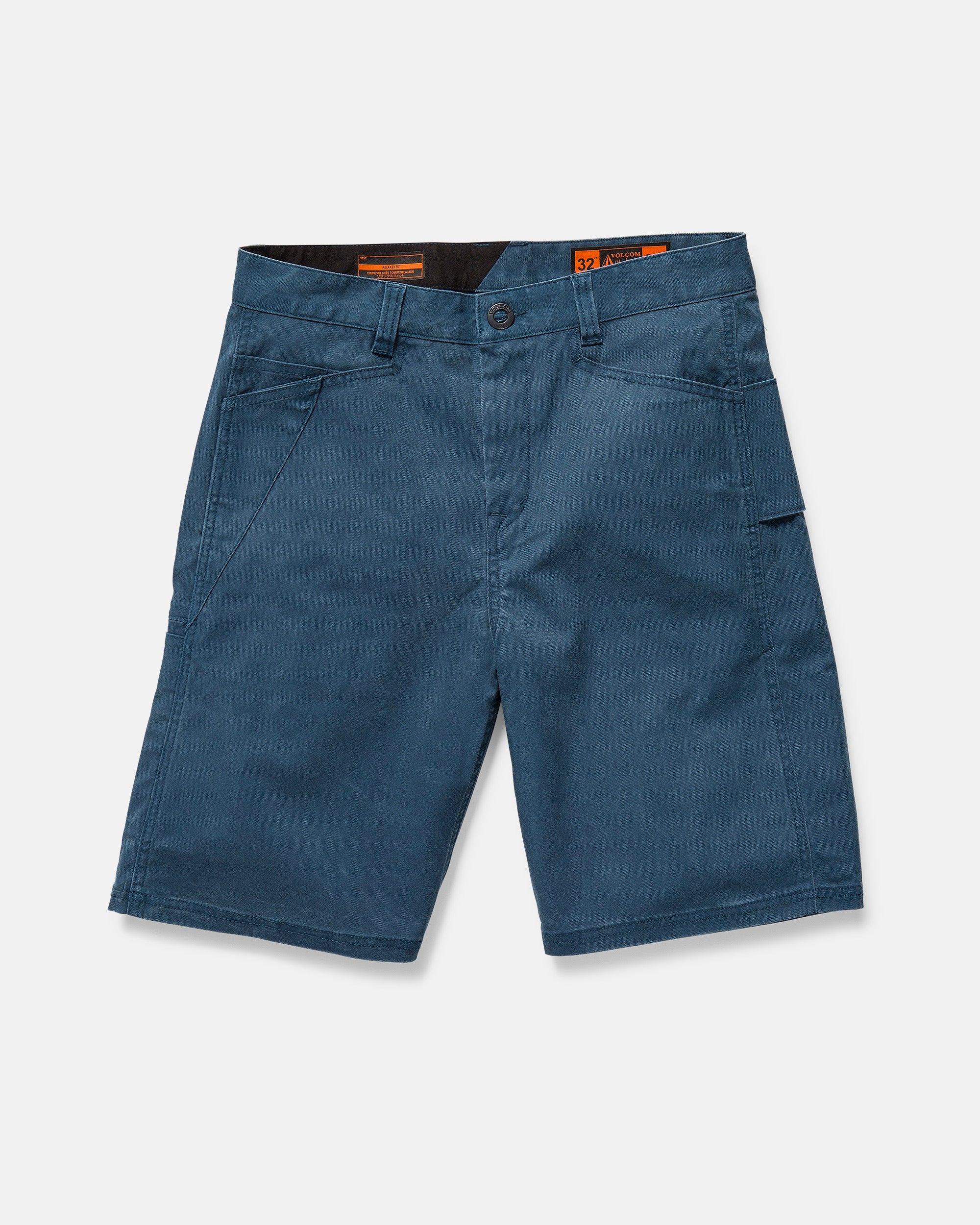 Volcom Men's Dialed Relaxed Work Shorts feature a button and zip fly, multiple front and utility pockets, and reinforced stitching for durability, shown on a plain white background.