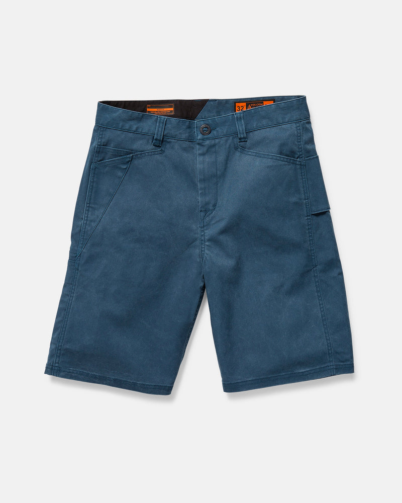 Volcom Men's Dialed Relaxed Work Shorts feature a button and zip fly, multiple front and utility pockets, and reinforced stitching for durability, shown on a plain white background.
