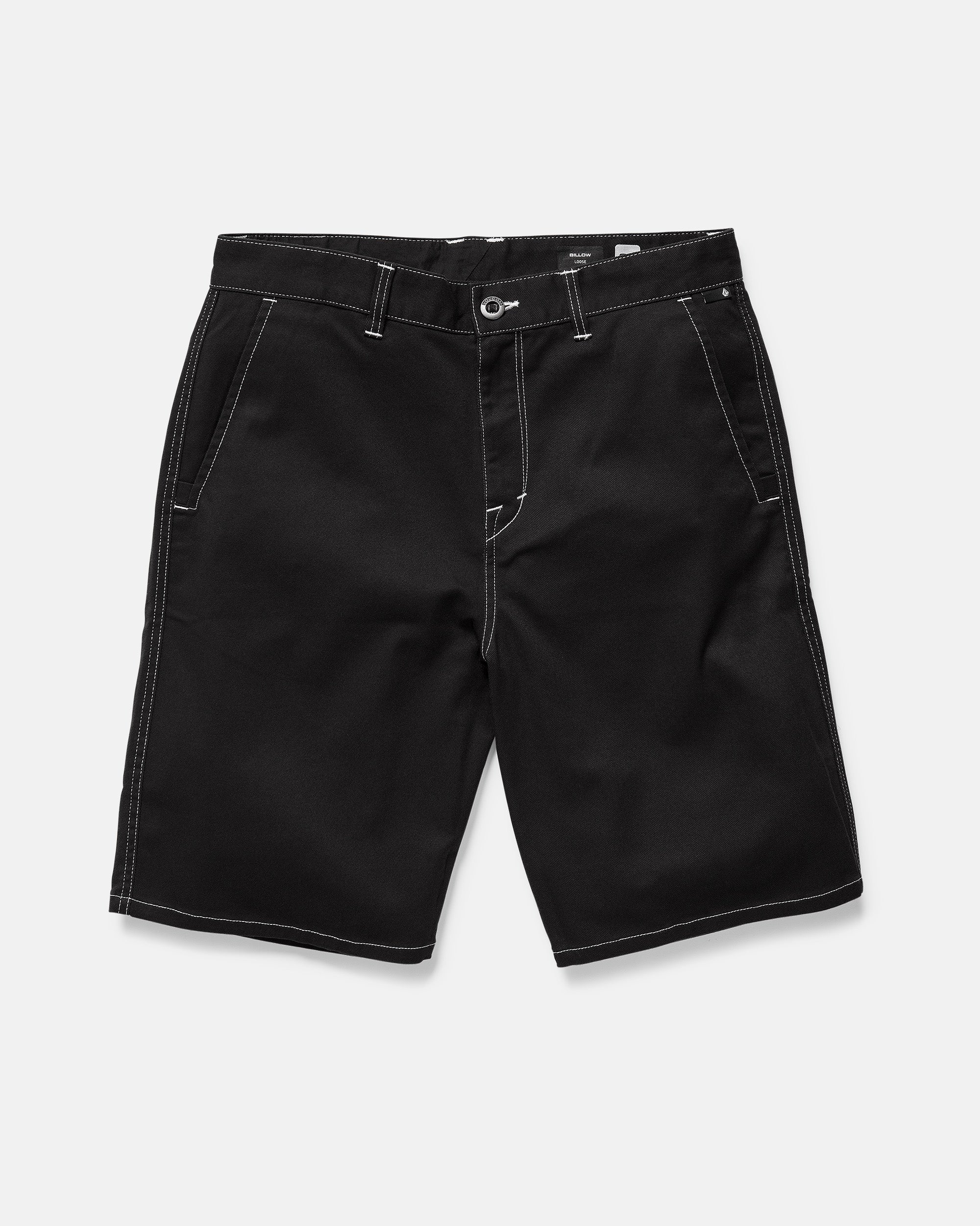 The Men's Billow Shorts by Volcom are black twill with a 22-inch outseam, white contrast stitching, front pockets, belt loops, and a button-zip closure, shown on a light gray background.