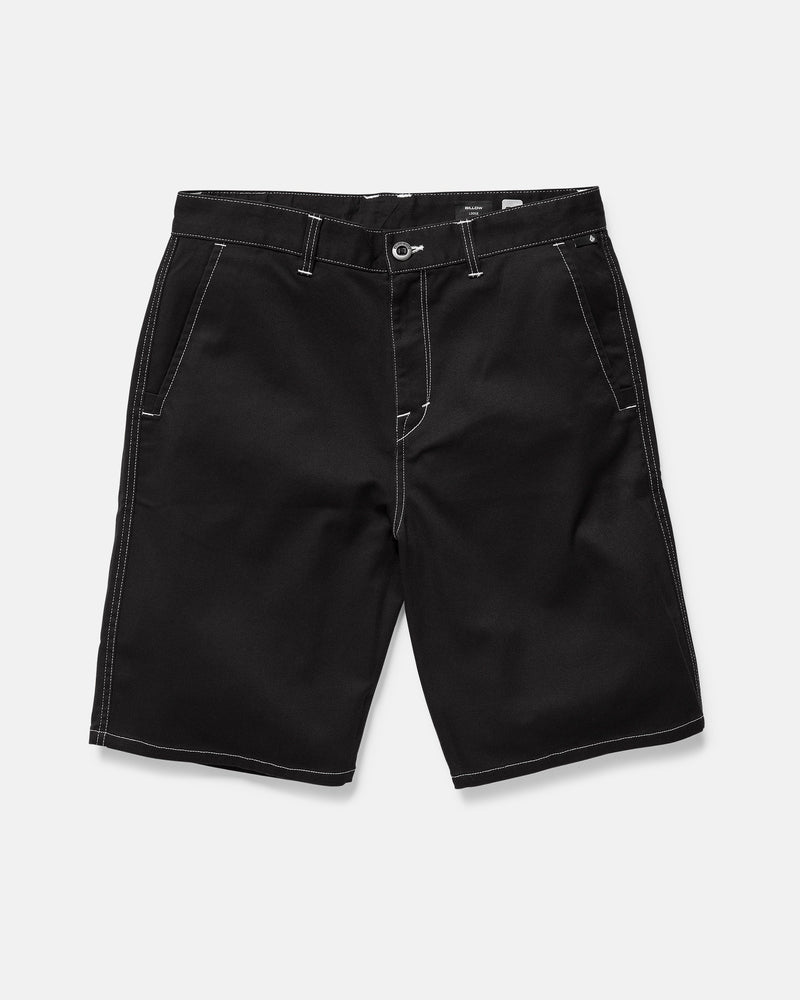 The Men's Billow Shorts by Volcom are black twill with a 22-inch outseam, white contrast stitching, front pockets, belt loops, and a button-zip closure, shown on a light gray background.