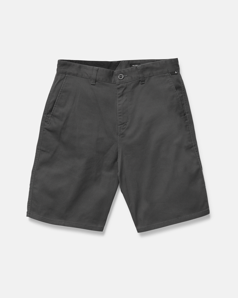 The Volcom Men's Billow Short 22 in charcoal gray features a relaxed fit, knee-length cut, side pockets, belt loops, and a button closure, shown laid flat on a white background.