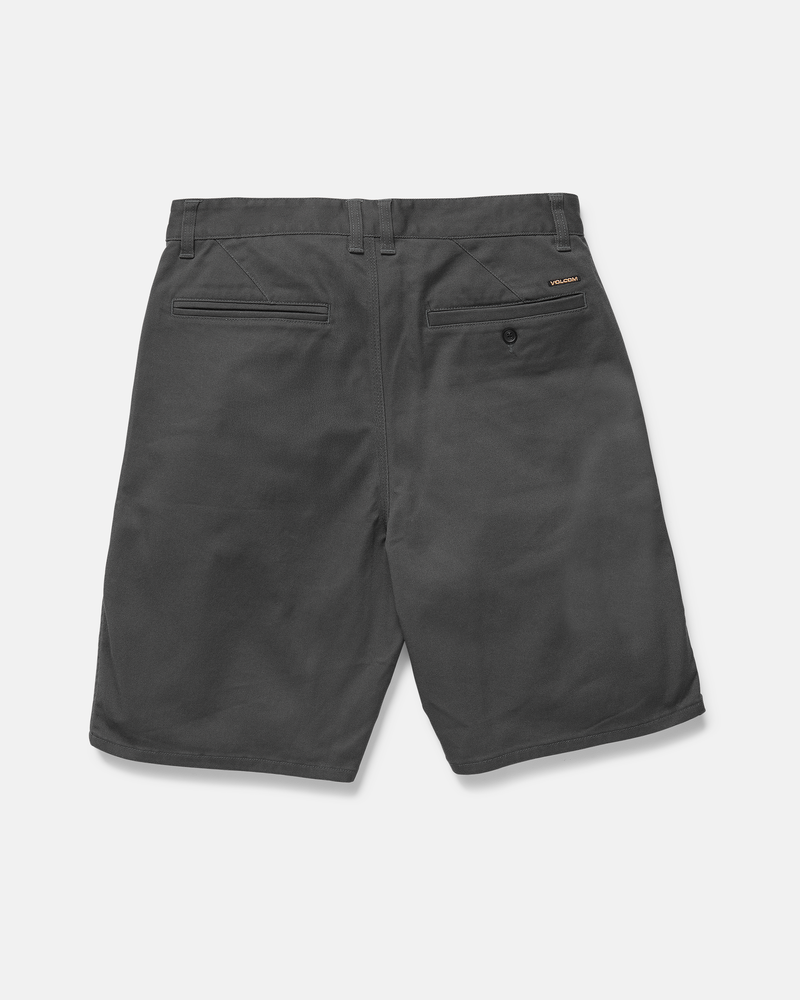 The Volcom Men's Billow Short 22 in dark gray is shown from the back, featuring belt loops, two welted back pockets, and a right pocket button closure against a plain white background.