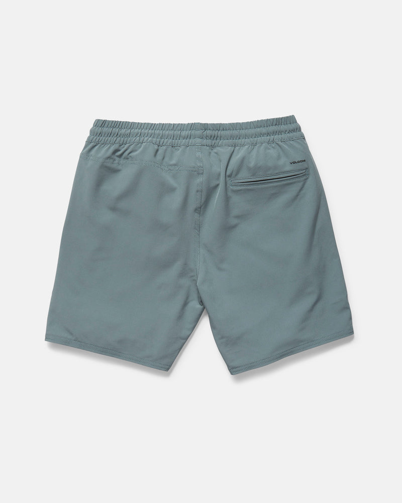 Back view of Volcom Men's Nomoly Elastic Waist Shorts 18" in light blue, featuring a right zippered pocket. Made from smooth, lightweight recycled polyester with 4-way stretch for extra comfort.