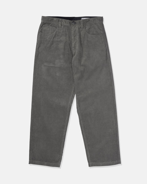 The Volcom Men's Frickin Loose Tapered Cord Pants feature a straight-leg fit in grey corduroy with button and zip closure, front pockets, and belt loops, shown laid flat on a white background.