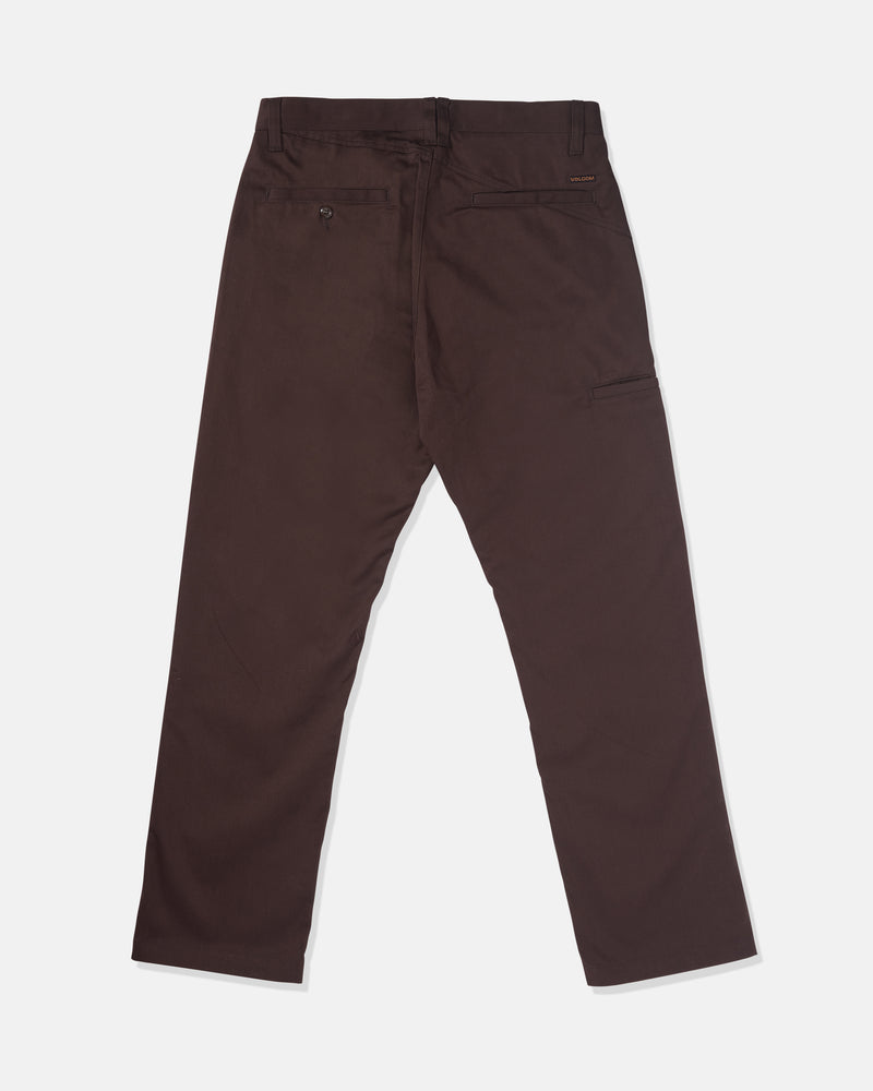 The Volcom Men's Frickin Chino Pants in dark brown are shown laid flat on a white background, featuring two back pockets and a small side pocket—an ideal choice for those seeking relaxed fit chinos.