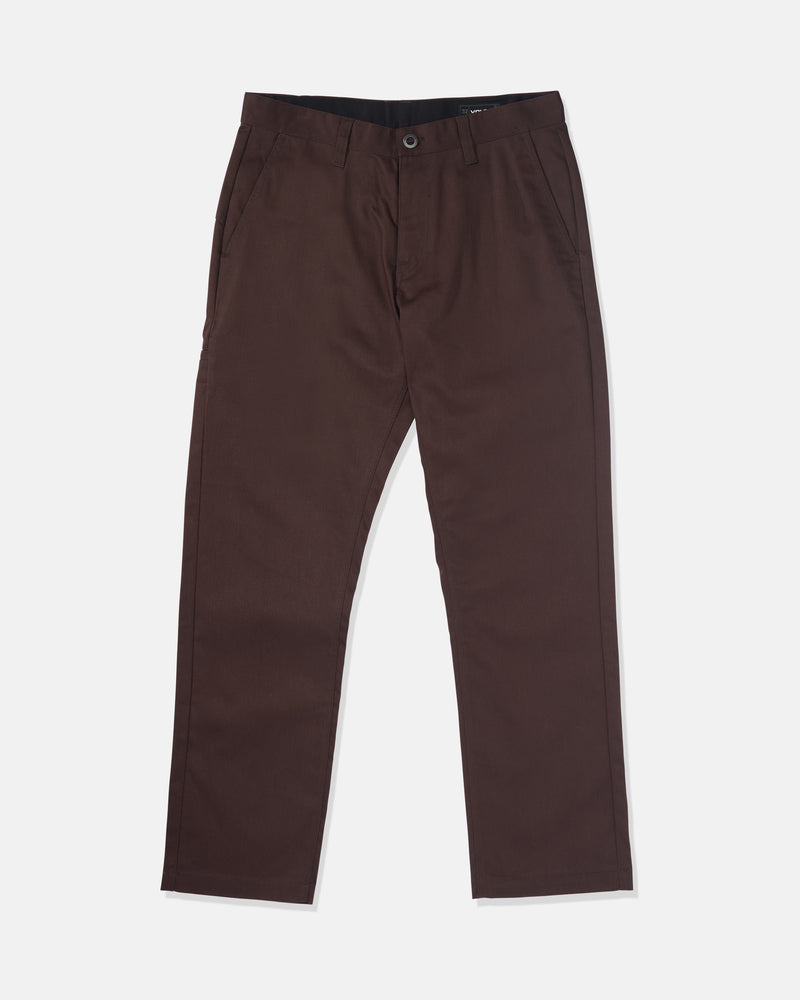 The Volcom Men's Frickin Chino Pants are straight-leg, dark brown trousers with side pockets and a button closure, shown flat on a white background.