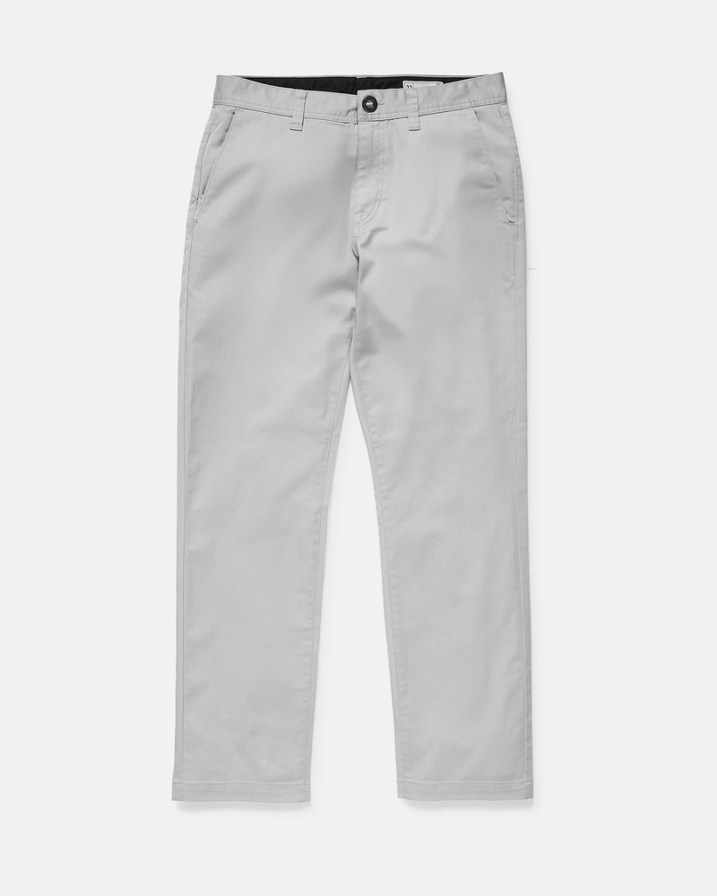 The Men's Frickin Modern Stretch Pants by Volcom are light gray, straight-leg chinos with belt loops, side pockets, and a button closure, crafted from recycled polyester and shown laid flat on a white background.