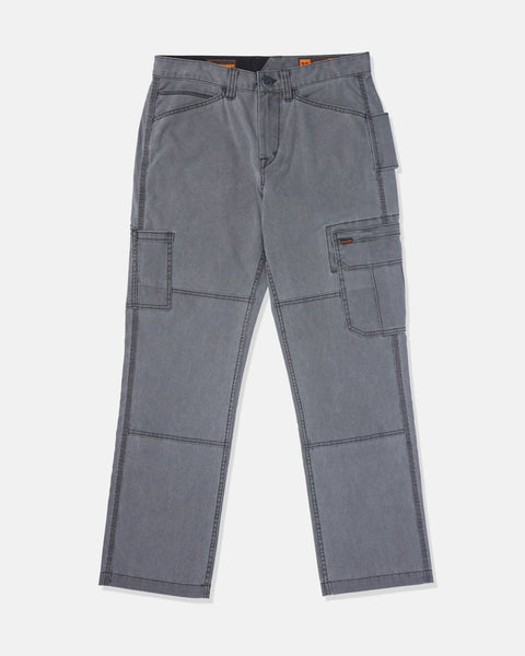 Volcom Men's Gage Work Pants in gray feature reinforced stitching, multiple pockets including side cargo pockets, and a relaxed straight-leg fit, shown flat on a white background.
