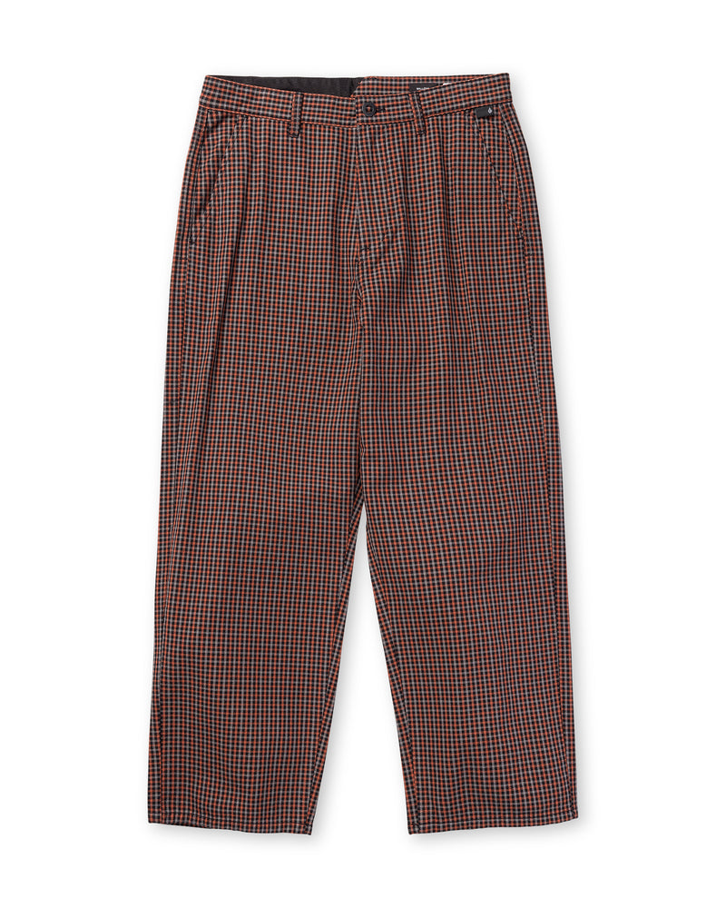 Volcom Men’s Billow Plaid Pant: full-length low-rise chino trousers in a red and black box plaid twill pattern.
