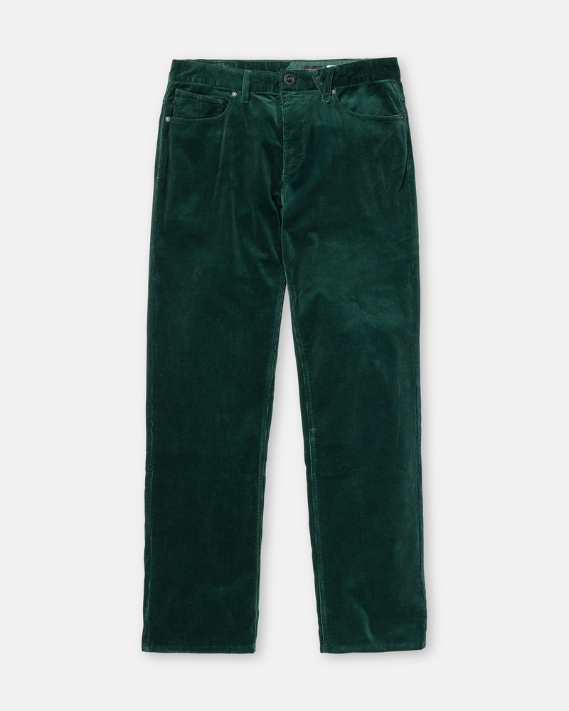 The Men’s Kinkade Cord Pant by Volcom in green features front pockets, belt loops, a button waist closure, and straight leg cut in comfortable stretch corduroy, laid flat on a white background.