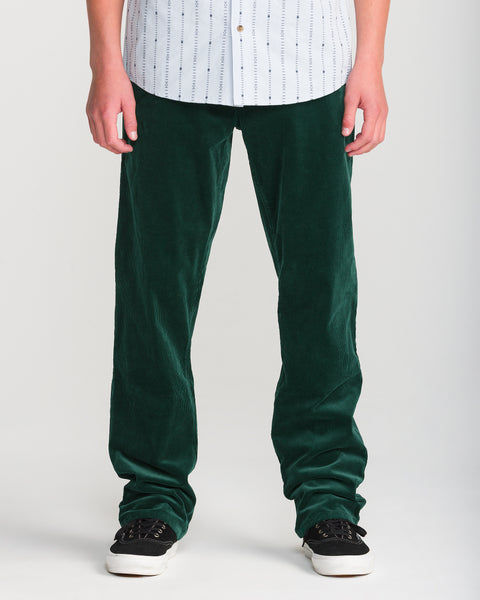 A person wears Volcom Men’s Kinkade Cord Pant in dark green with a white and blue striped shirt and black sneakers, shown from the lower torso to feet against a plain white background.