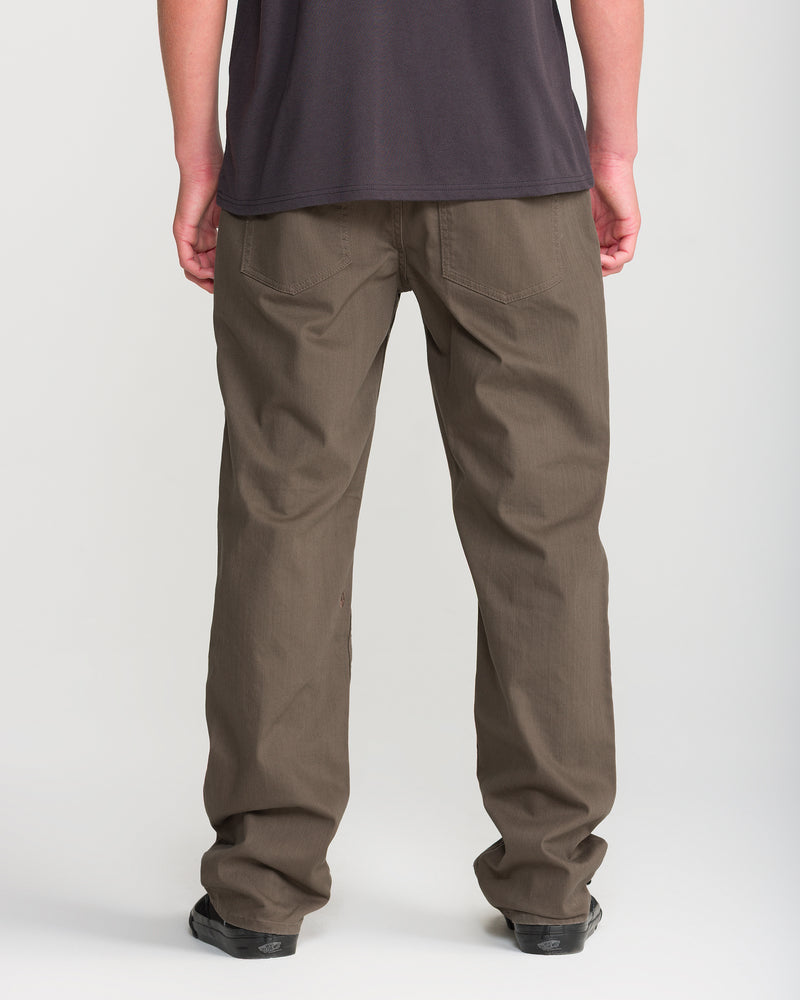 A person in a dark shirt and brown Men’s Kinkade Slub Pant by Volcom stands with their back to the camera, showing the straight leg style against a plain light background.