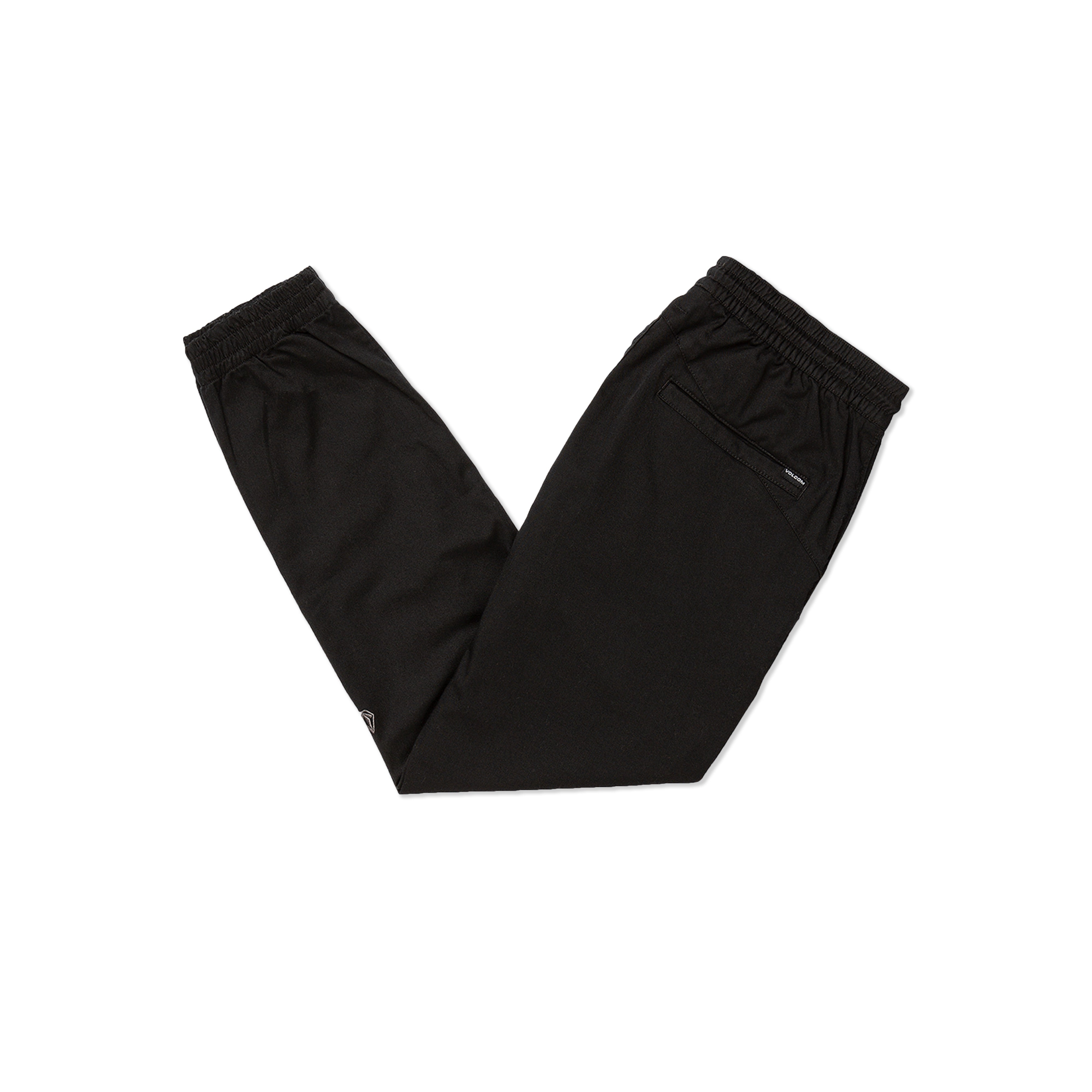 The Volcom Men's Frickin Slim Joggers are black pants with an elastic waistband, elastic cuffs, and a back pocket, shown laid flat on a white background.