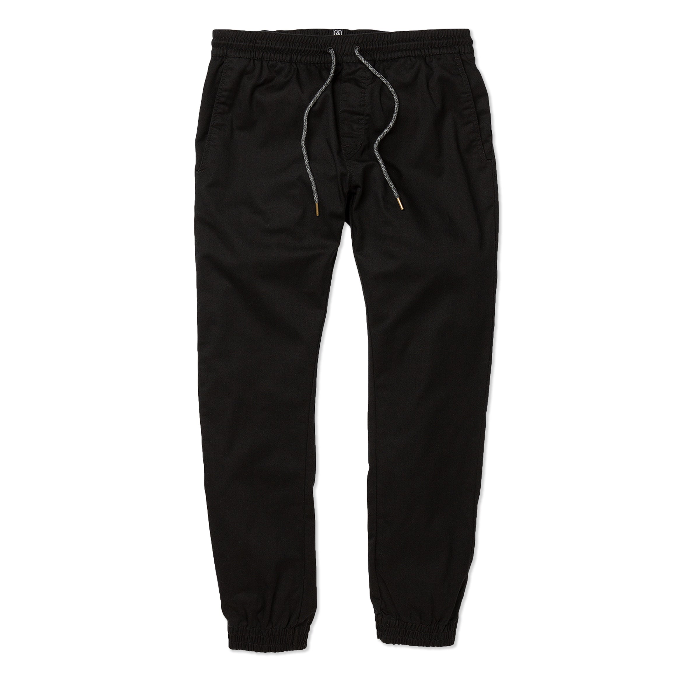 Black jogger pants with drawstring on a white background