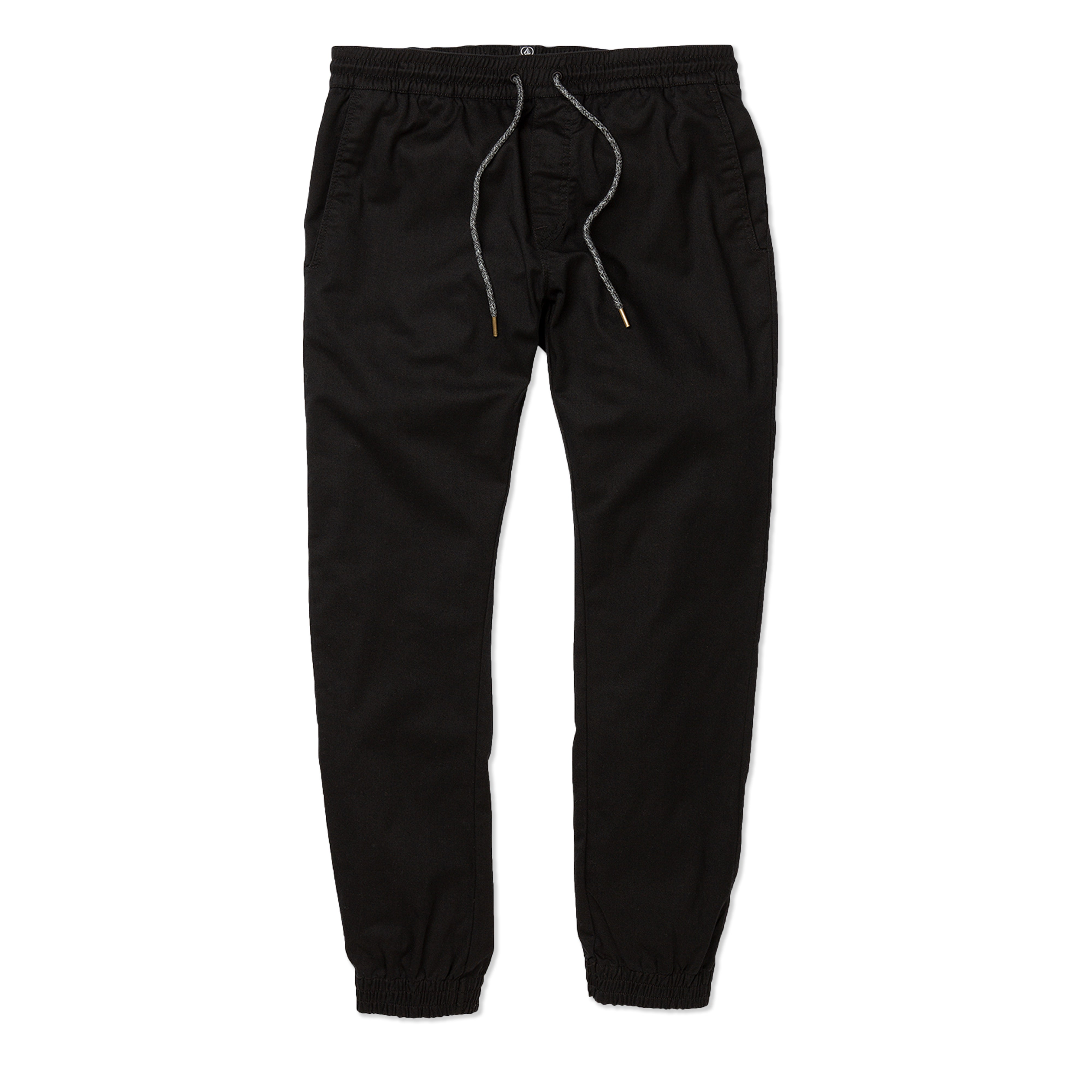 Black jogger pants with drawstring on a white background