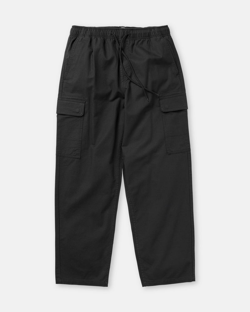 Men’s Billow Tapered Elastic Waist Cargo pants by Volcom, featuring an elastic waistband with drawstring, large side pockets, and a tapered leg silhouette, laid flat on a white background.