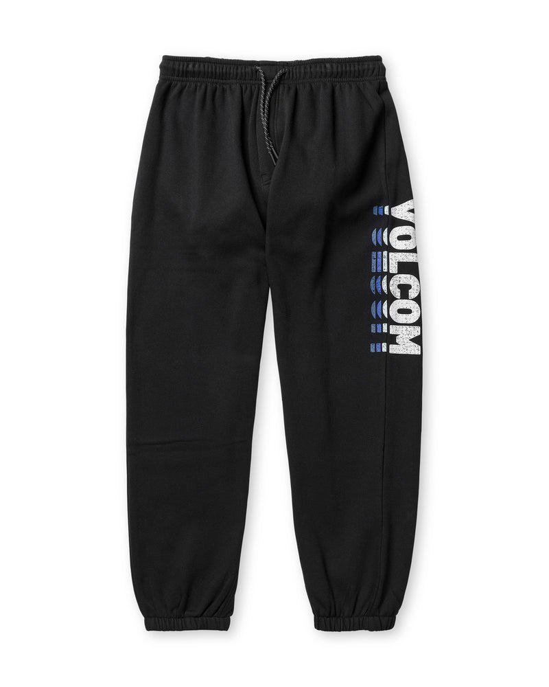 The Men’s Quadratic Fleece Pant by Volcom features black brushed-back fleece, an elastic waistband and cuffs, and VOLCOM lettering in white and blue down the left leg.