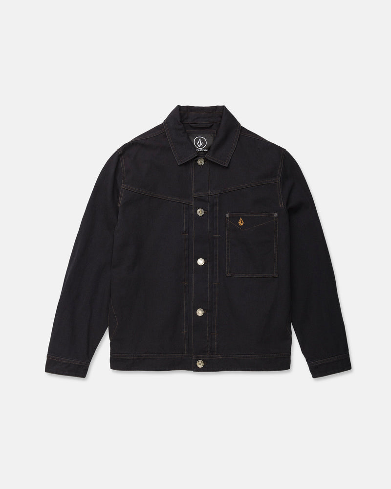 The Volcom Men's Slakers Jacket is crafted from black denim and features long sleeves, a collar, button-down front, and a chest pocket with a small embroidered logo. This lightweight jacket is accented with visible brown stitching and is showcased on a white background.