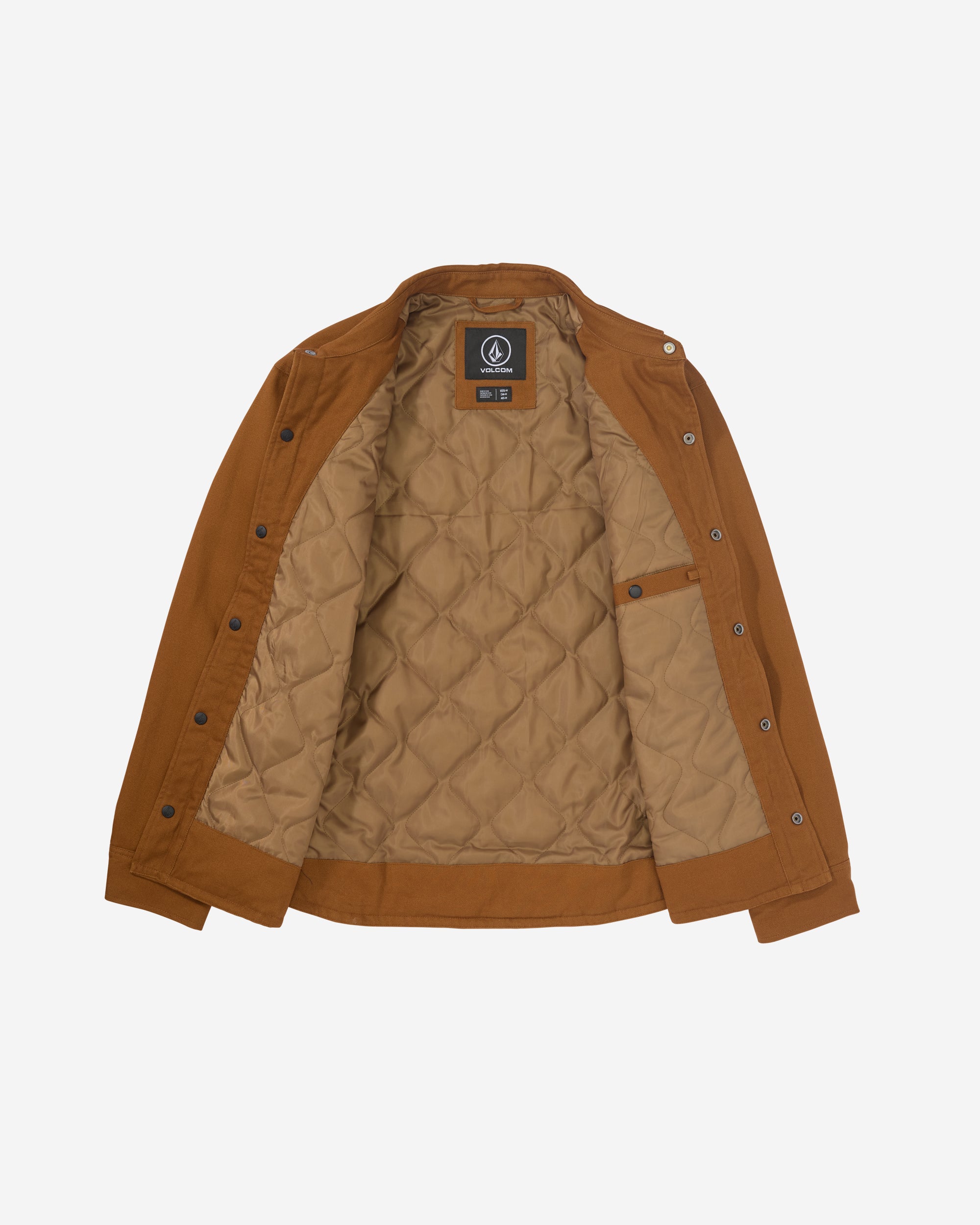 The Men's Westmead Jacket by Volcom is shown laid flat on a white background, open to display its snap-button closure, an interior pocket, quilted tan lining, and a black Volcom label inside the collar.