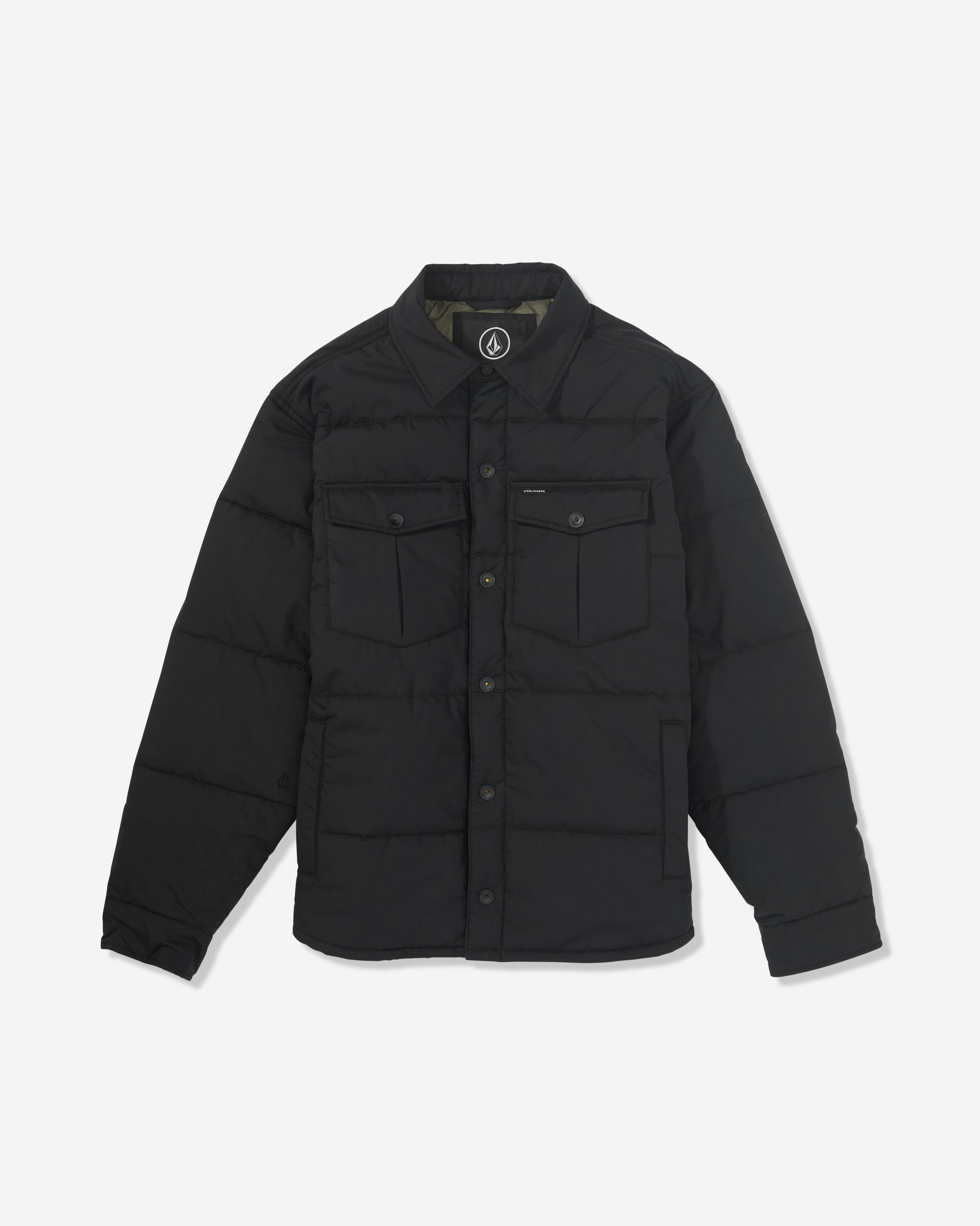 The Volcom Men's Westmead Quilted Jacket features a black quilted design, button-up front, collar, long sleeves, and two buttoned chest pockets, shown laid flat on a white background.