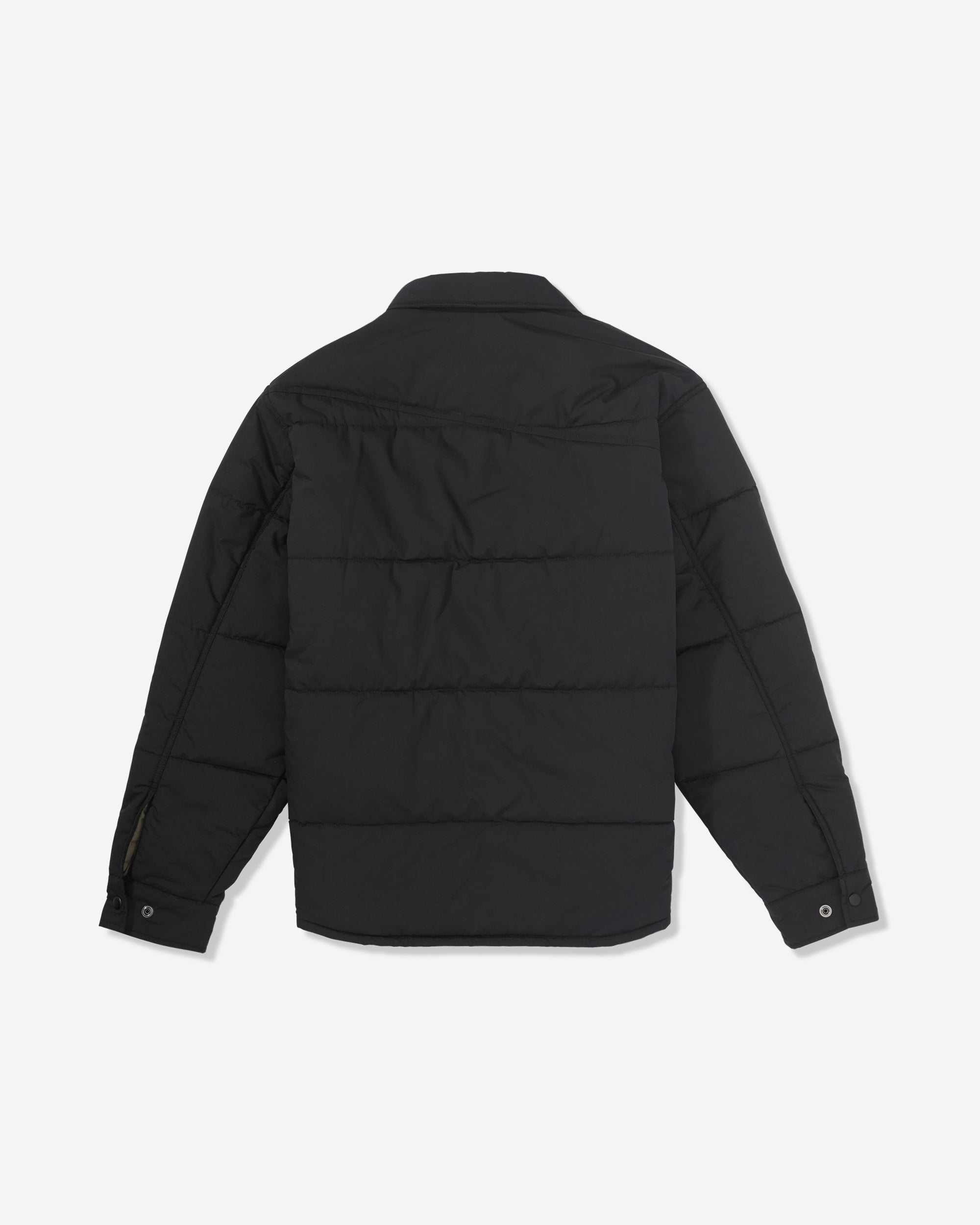 The Volcom Men's Westmead Quilted Jacket in black features long sleeves, horizontal stitching, a collar, and buttoned cuffs, shown from the back against a plain white background.