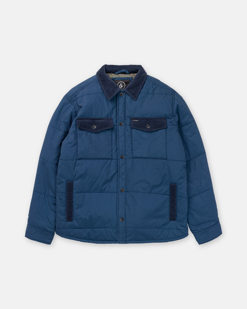 Volcom Men’s Westshore Jacket, a blue quilted shirt jacket featuring a dark corduroy collar, two button-flap chest pockets, and button closures for medium-weight warmth.