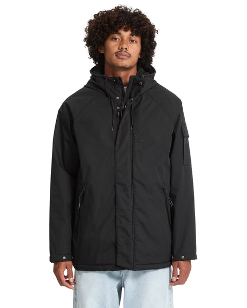Volcom Men’s Stoke Stone II 10K Jacket in black, featuring a 10K water-resistant finish, a hood, front zipper, storm flap, and zippered side pockets.
