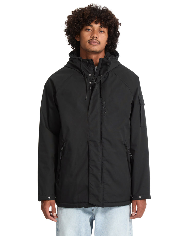 Volcom Men’s Stoke Stone II 10K Jacket in black, featuring a 10K water-resistant finish, a hood, front zipper, storm flap, and zippered side pockets.