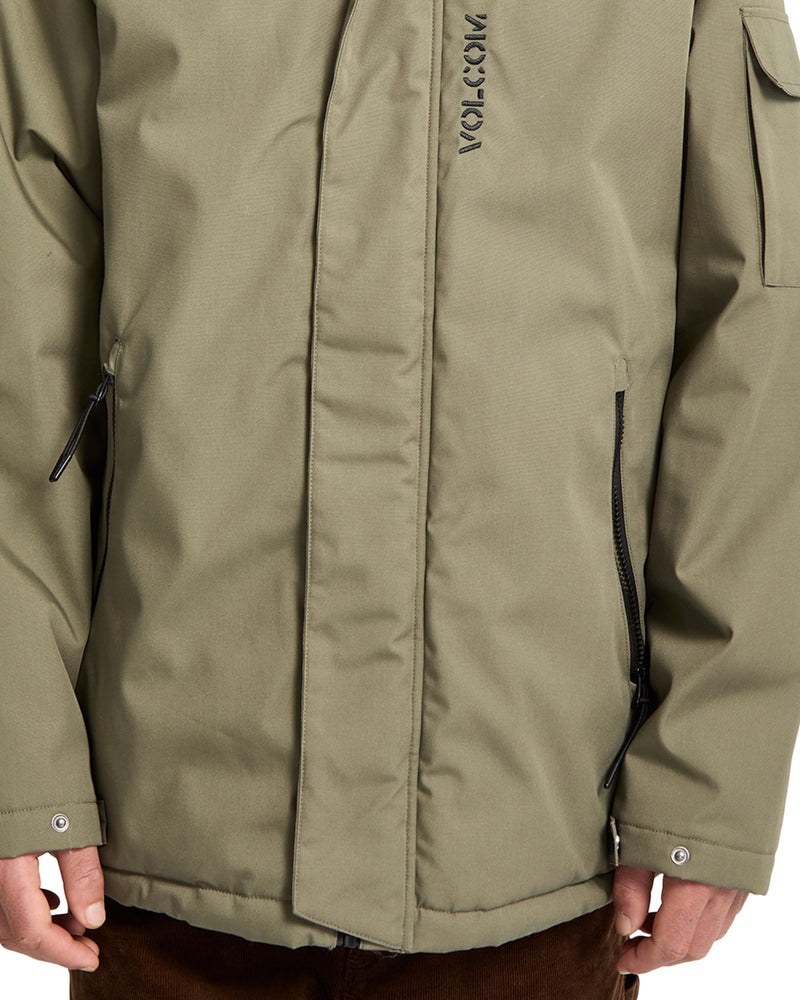Volcom Men’s Stoke Stone II 10K Jacket in olive green with a covered front zipper, zippered side pockets, and an embroidered chest logo.