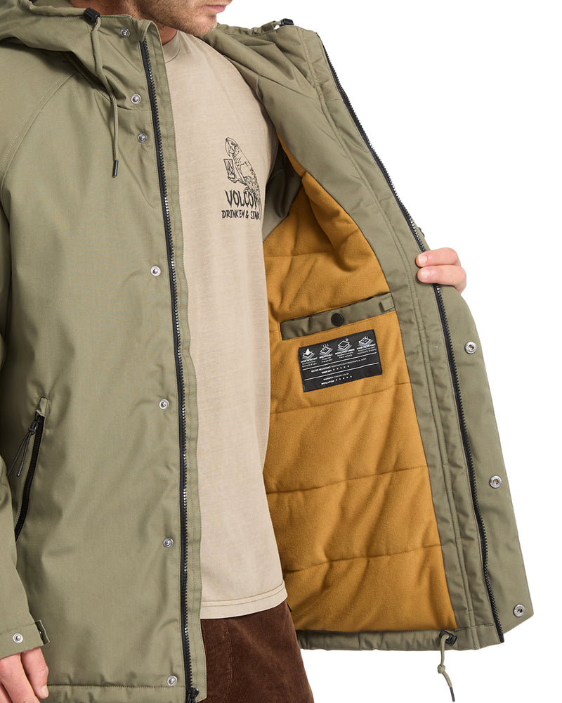 Volcom Men’s Stoke Stone II 10K Jacket in olive green, shown open to reveal a quilted brown interior lining with a black technical specification label, featuring a front zipper and snap buttons.