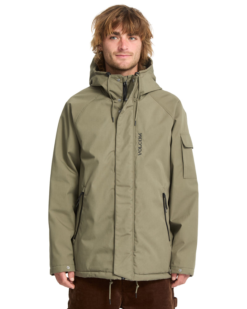Olive green Men’s Stoke Stone II 10K Jacket featuring a front zipper, snap-button placket, zippered hand pockets, and recycled polyfill insulation.