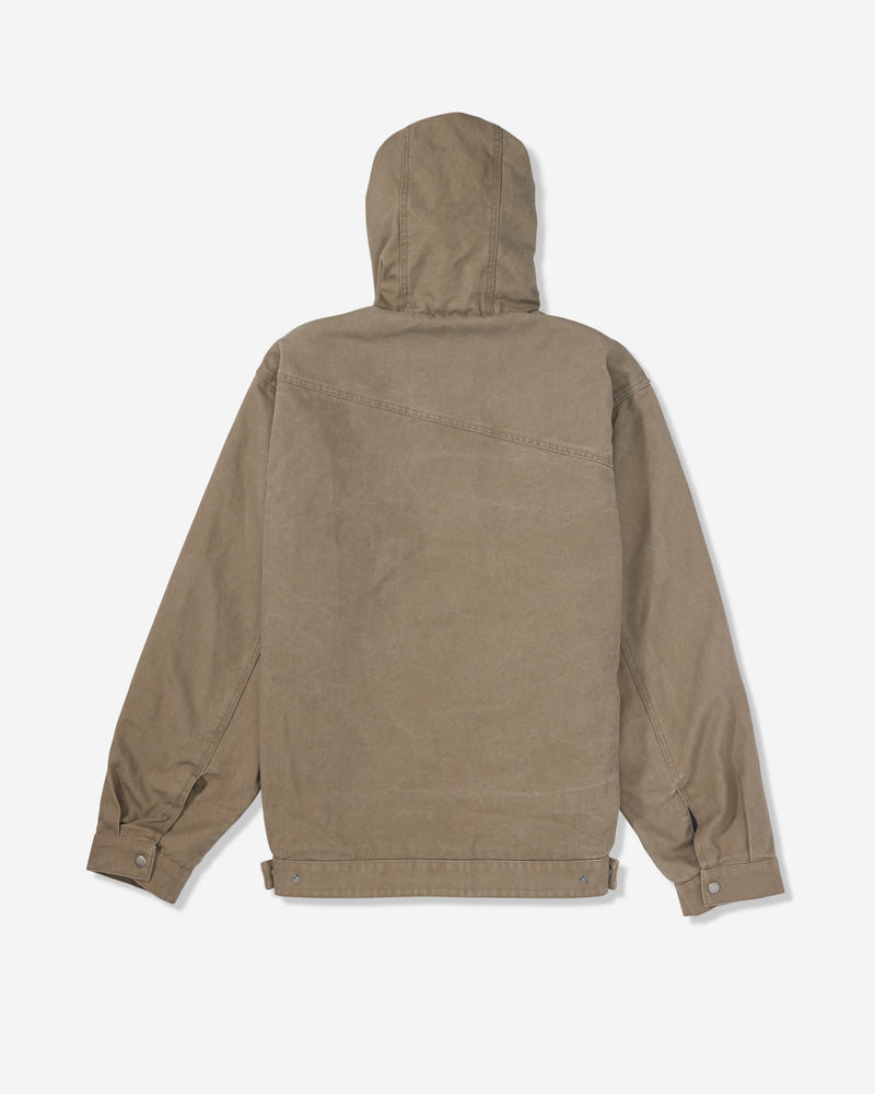 Back view of the Men's Freshdust Workwear Jacket by Volcom in light brown, with a hood, long sleeves, large hand and chest pockets, buttoned cuffs, and adjustable hem straps, shown against a plain white background.