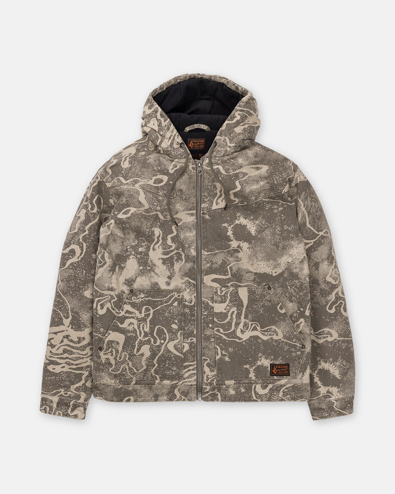 Volcom Men’s Fresh Storm Workwear Jacket in a zip-up hooded duck canvas with a tan and brown abstract camo print and two front pockets.