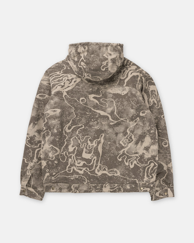 Back view of a Volcom Men’s Fresh Storm Workwear Jacket in duck canvas, featuring a beige and brown topographic camo pattern.