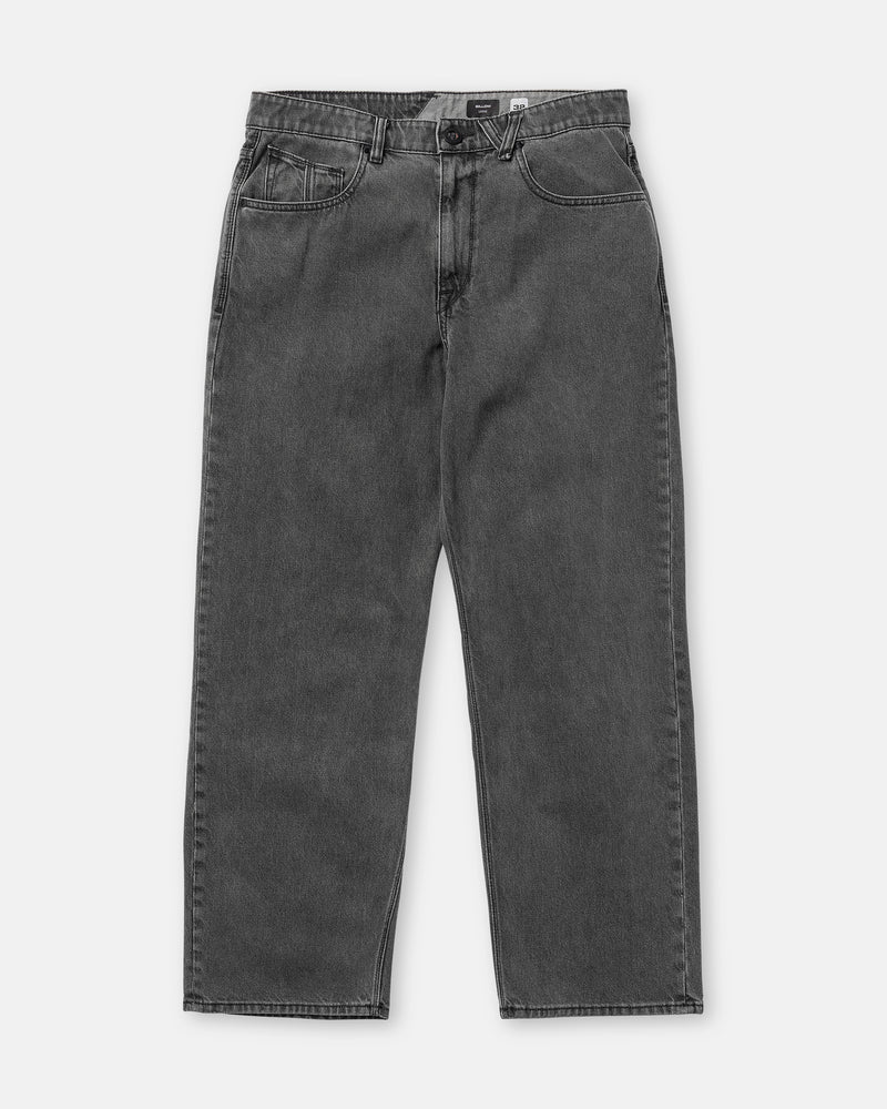 A pair of Volcom Men’s Billow Denim high-waisted, straight-leg black jeans with front and back pockets, displayed flat on a white background.