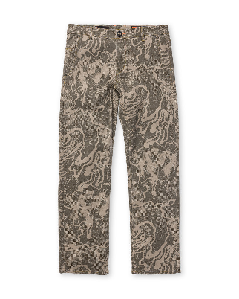 Men’s Kinkade Utility Denim by Volcom in beige and olive green with an abstract, swirling camouflage pattern, flat-laid on a white background.